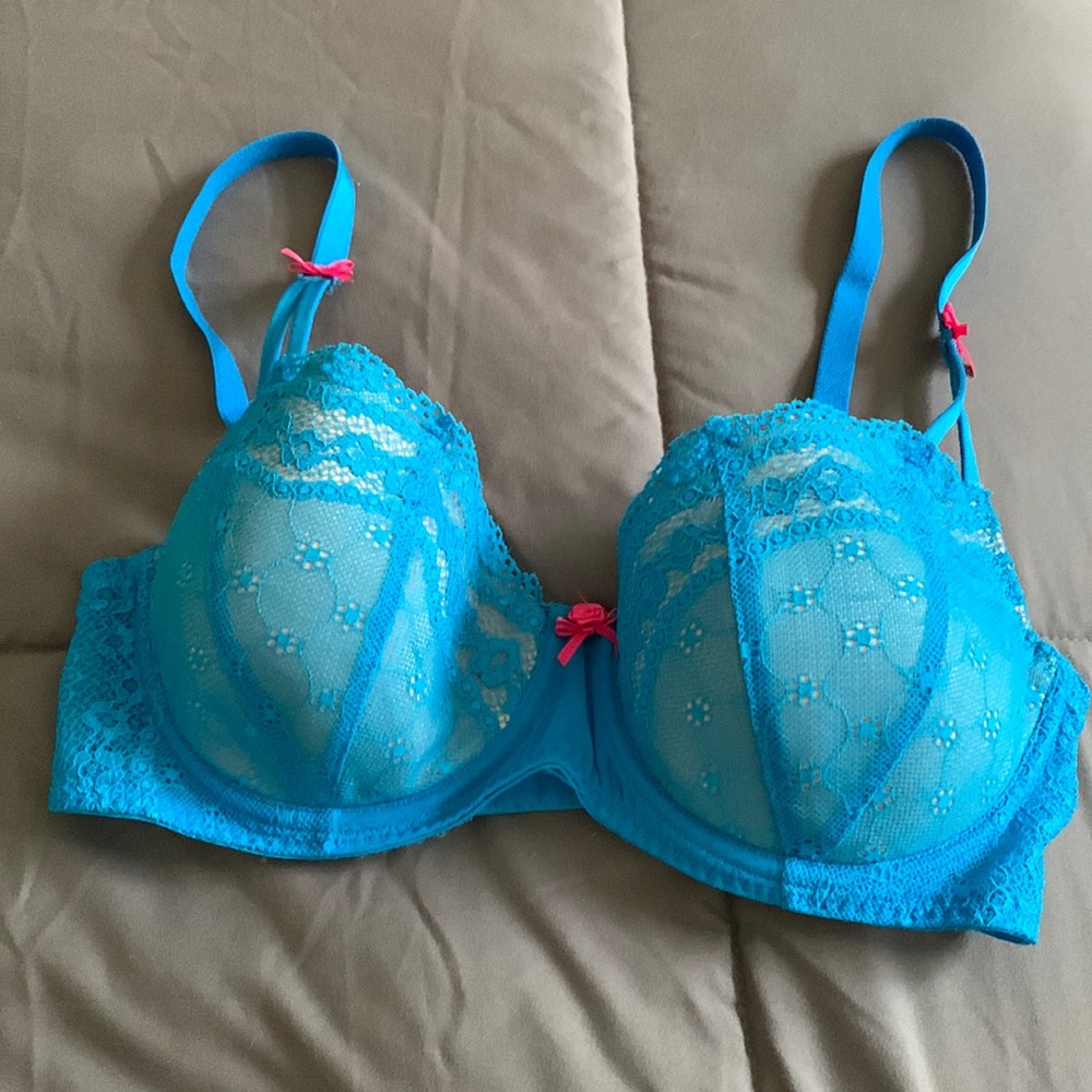 Betsey Johnson turquoise with pink bow trim underwire lightly lined bra sz 34 D